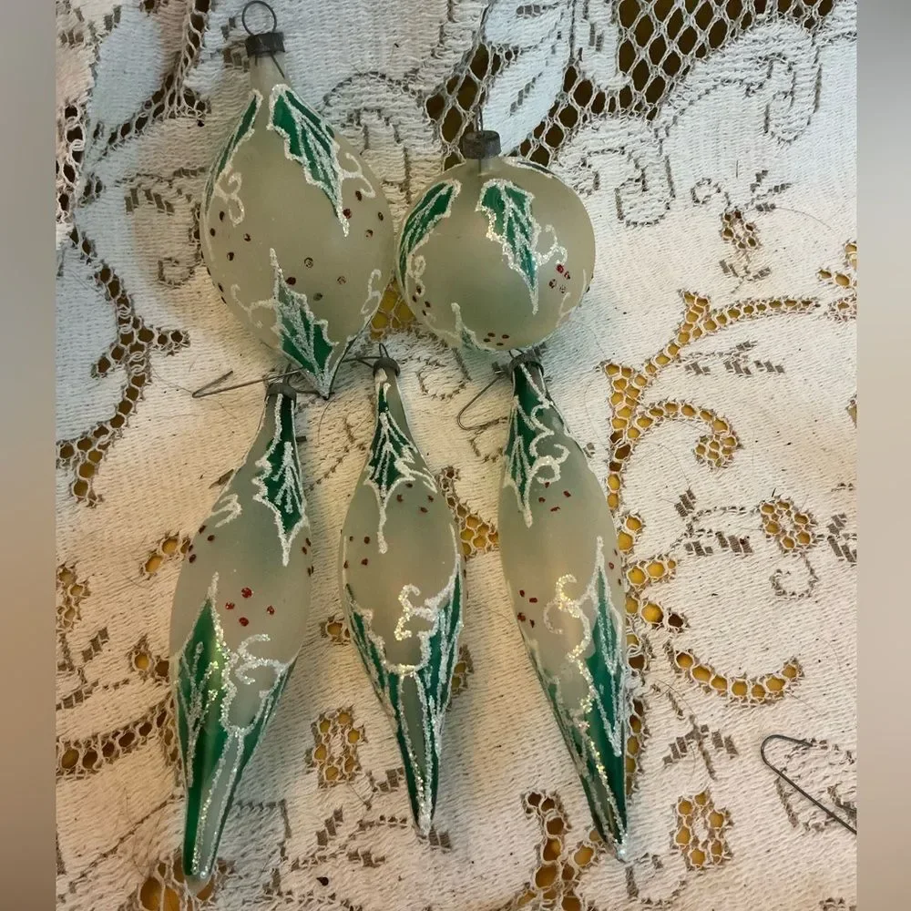 Set of 5 Vintage Hand Blown Glass Holly Ornaments Hand Painted Christmas Decor